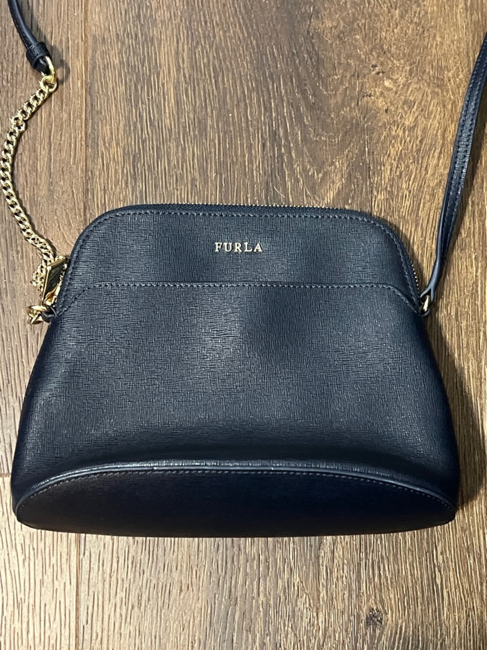 Furla Navy Blue Crossbody Bag with Gold Chain Detail